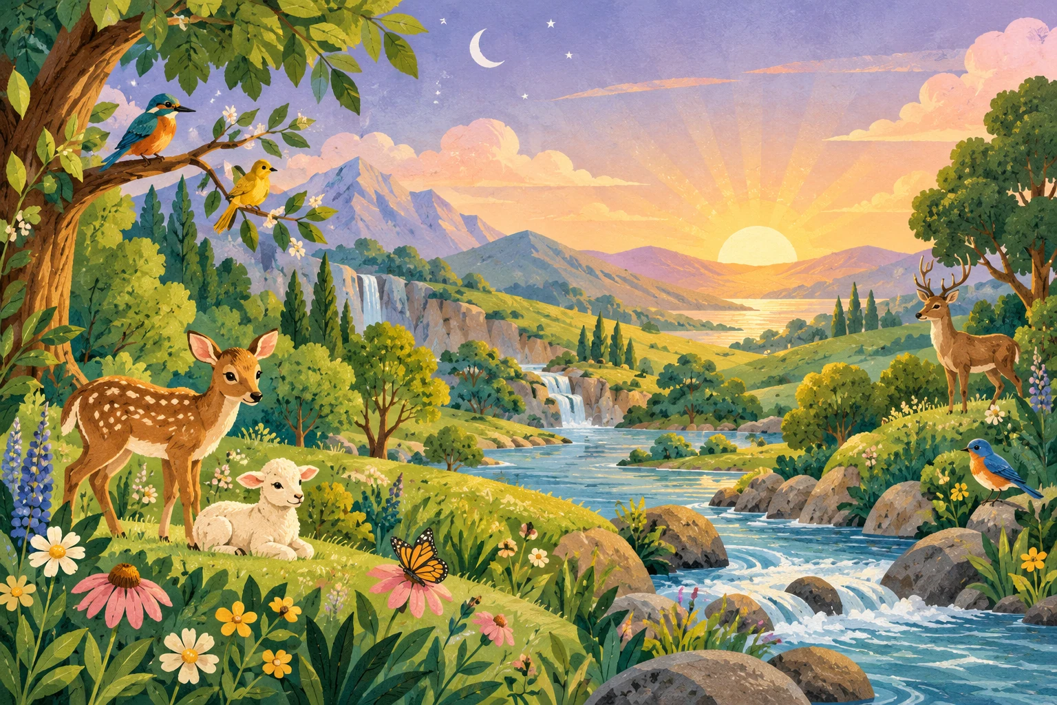 An illustrated garden full of animals, flowers, and a winding river